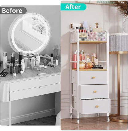 HapiRm Rolling Makeup Cart Organizer - Floor Skincare Make Up Storage with 3 Non-woven Fabric Drawers, Vanity Organizer Cosmetic Display Cases Holder for Skin Care Perfume Nail Polish Brush Hair Tool