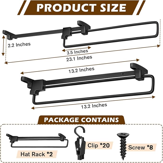 Sliding Hat Organizer with 20 Clips, Hat Organizer for Baseball Caps, Racks for Baseball Caps Wall Space Saving Design, 2 Pack, Black
