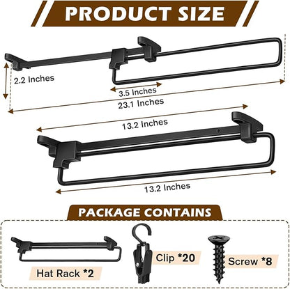 Sliding Hat Organizer with 20 Clips, Hat Organizer for Baseball Caps, Racks for Baseball Caps Wall Space Saving Design, 2 Pack, Black