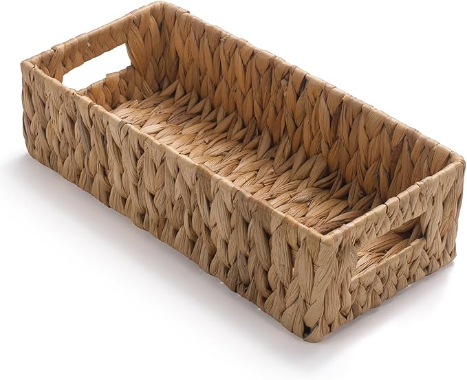 Wicker Toilet Tank Basket, Toilet Paper Basket for Back of Toilet Tank Top, Woven Water Hyacinth Bathroom Storage Basket for Organizing and Decor (14.2 x 6.5 x 3.7 inch)