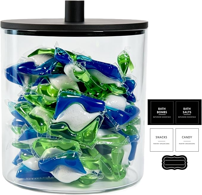 Amolliar 78oz Laundry Pods Storage Container, Clear Laundry Room Organization, Detergent Container with Bamboo Lids & 27 Labels for Bathroom Organizer (Black, 1 Pack)