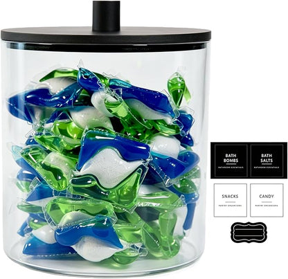 Amolliar 78oz Laundry Pods Storage Container, Clear Laundry Room Organization, Detergent Container with Bamboo Lids & 27 Labels for Bathroom Organizer (Black, 1 Pack)