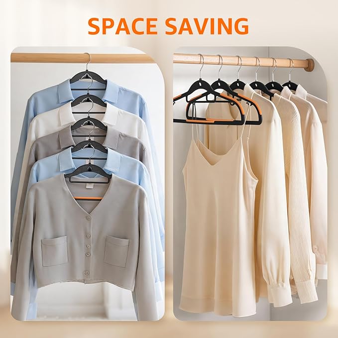 Yolife Cascading Plastic Clothes Hangers 10 Pack with Inner Hook for Vertical Storage, Slim Space Saving Hangers with Non-Slip Pads, 360° Swivel Metal Hook, Versatile, Black & Orange