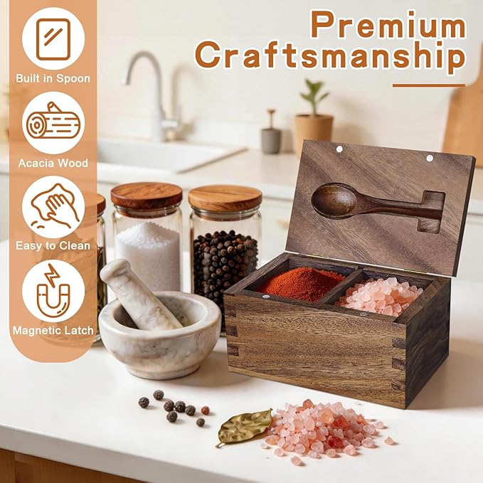 Large Capacity Acacia Wood Salt Container with Magnetic Flip Lid & Built-in Spoon, 20 OZ Kitchen Salt Holder, Elegant Salt Cellar Box to Storage Pepper, Herbs, Spice or Favorite Seasonings