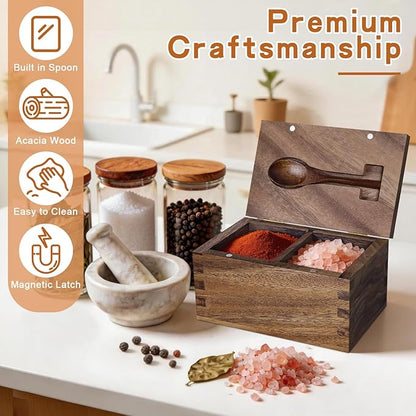 Large Capacity Acacia Wood Salt Container with Magnetic Flip Lid & Built-in Spoon, 20 OZ Kitchen Salt Holder, Elegant Salt Cellar Box to Storage Pepper, Herbs, Spice or Favorite Seasonings