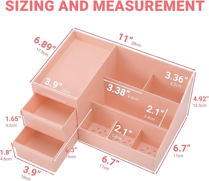 Makeup Organizer with Drawers, Cosmetic Organizer for Vanity Dresser Bathroom Countertop, Large CapacityOrganizer for Skincare, Lipstick, Palettes (Pink-1 Pack)