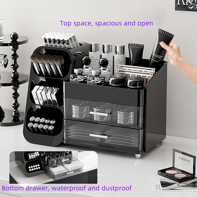 Makeup Organizer with Drawers,Large Capacity Countertop Organizer for Vanity,Bathroom and Bedroom Desk Cosmetics Organizer,Easy To Storage Skincare,Brushes,Lotions,Lipstick (Black)