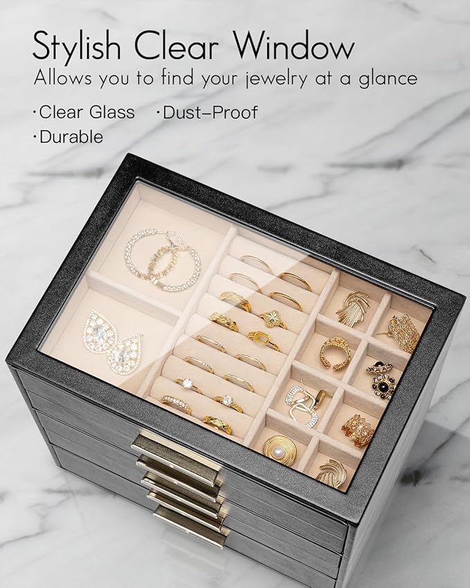 VLANDO 5 Layer Jewelry Box for Women, Glass Lid Jewelry Organizer with 5 Drawers for Necklaces Rings Earrings Bracelets - Black