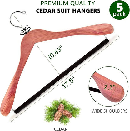 Amber Home 5 Pack Cedar Suit Hangers with Extra Wide Shoulder, Wooden Clothes Hangers for Coats & Jacket, Aromatic Natural Cedar Hangers with Non-Slip Velvet Pant Bar