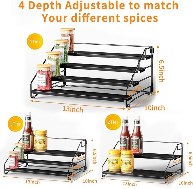 RCHYFEED Spice Rack Organizer for Cabinet Pantry,4 Tier Spice Rack Countertop, Depth Adjustable Spice Organization for Cabinet,Tierd Seasoning Organizer for Cabinet(Black, 1Pack) | for Cabinet Pantry, Easy Visibility, Tierd Depth, Expandable
