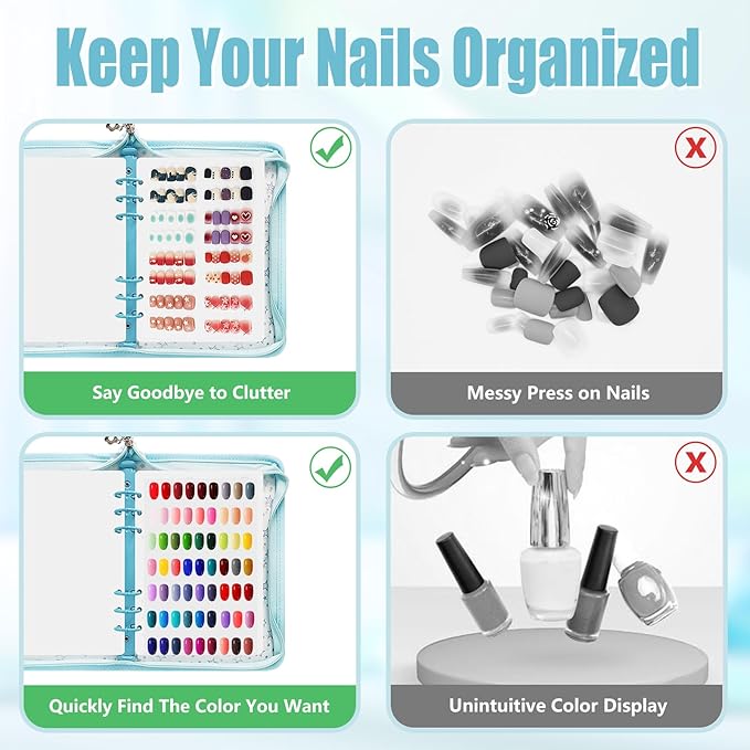 DHATMYC Press On Nail Storage Organizer Binder with 8 Insert Pages - A5 Size Reusable Fake Nail Swatch Star Collecting Book Polish Color Display Holder Container with Tape and Zipper Pocket (BLUE)