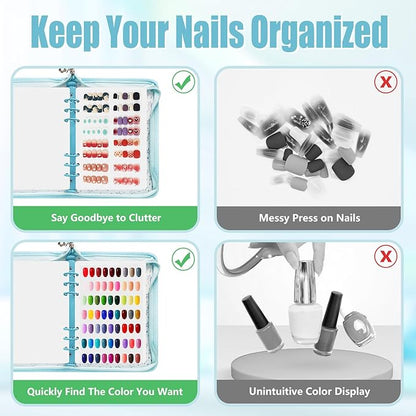 DHATMYC Press On Nail Storage Organizer Binder with 8 Insert Pages - A5 Size Reusable Fake Nail Swatch Star Collecting Book Polish Color Display Holder Container with Tape and Zipper Pocket (BLUE)