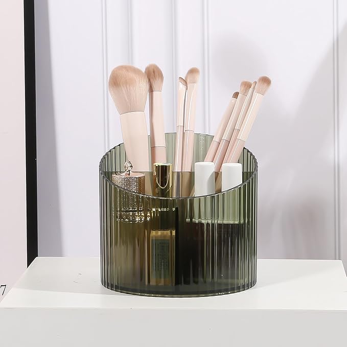 DASITON 3 Slots Makeup Brush Holder, Acrylic Makeup Brush Cup, Vintage Striped Make Up Brush Holder for Vanity Decor, Bathroom Countertops, Desk Storage Container, Cosmetic Display Cases (Green)