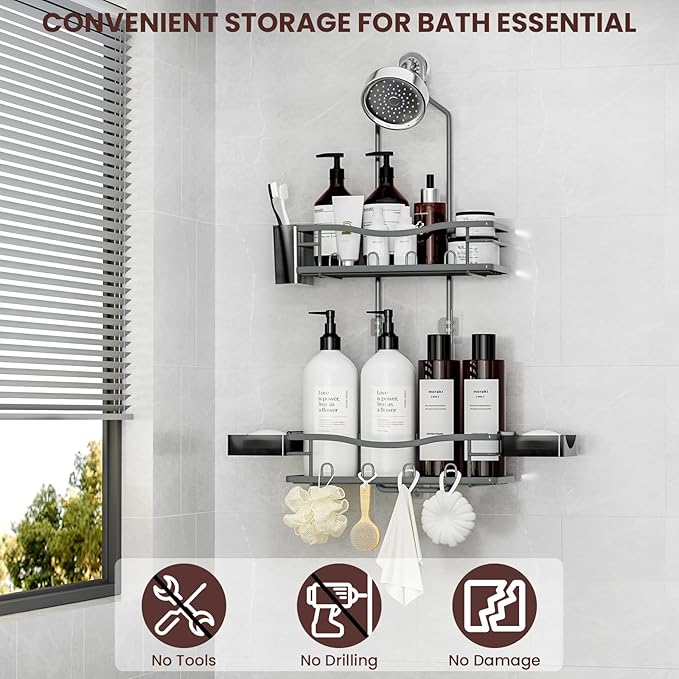 REINHARDT Shower Caddy Hanging, Rustproof Bathroom Caddy Anti-Swing Shower Organizer No Drilling Bath Racks with Soap Holder Multi Hooks Bathroom Storage for Shampoo Sponge, Grey