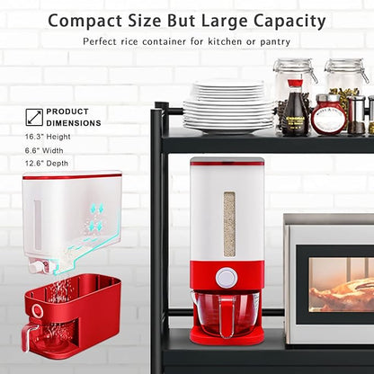Lenwi 22-25 Lbs Rice Dispenser, Large Cereal Dry Food Storage Containers with Measuring Cup, BPA-Free Household for Kitchen Pantry Organization-Red