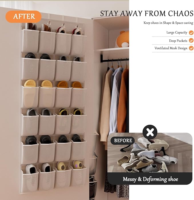 homyfort Over the Door Shoe Organizer, 24 Large Breathable Mesh Pocket,Space Saving Hanging Shoe Rack,Shoe Storage Holder for Entryway Bedroom Closet
