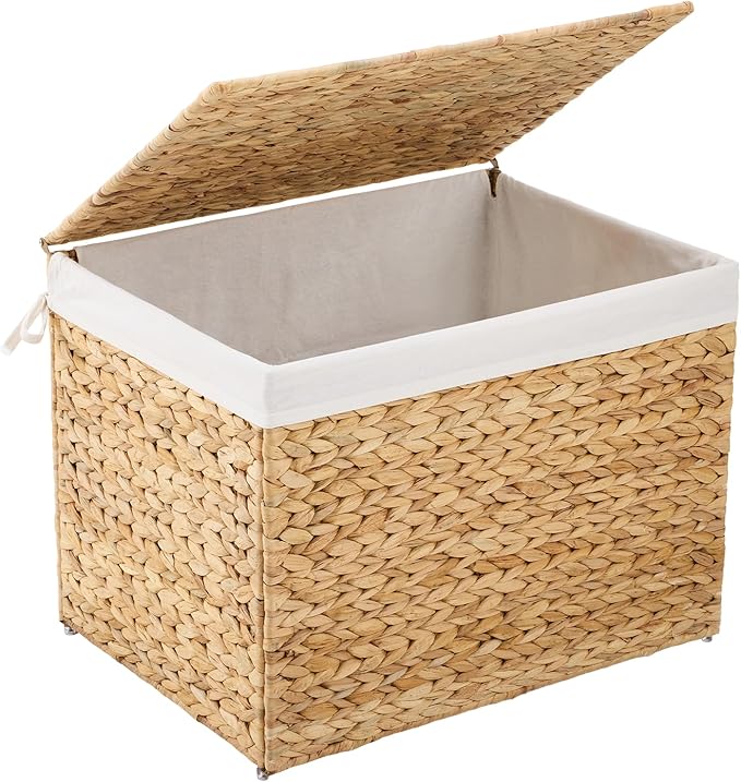 Water Hyacinth Storage Basket with Lid, 31.7 Gallon (120L) Wicker Shelf Basket with Removable Liner, Wicker Storage Basket for Blanket, for Livingroom, Bedroom, Natural