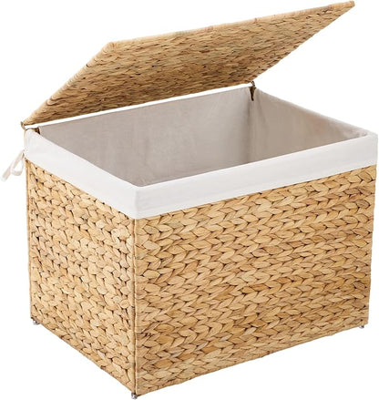 Water Hyacinth Storage Basket with Lid, 31.7 Gallon (120L) Wicker Shelf Basket with Removable Liner, Wicker Storage Basket for Blanket, for Livingroom, Bedroom, Natural