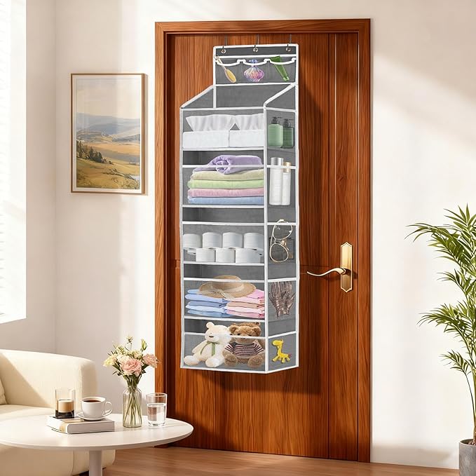 Over the Door Organizer with 5 Large Pockets, 5+3 Tiers Shelf Hanging Door Organizer, Adjustable Hanging Closet Organizer with Side 10 Mesh Pockets Heavy-Duty Non-Woven Fabric Fit Toys Shoes Diapers