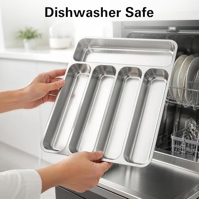 Zarler Stainless Steel Silverware Organizer, Durable Metal Utensil Drawer Organizer with 5 Compartments, Silverware Tray for Drawer, Dishwasher Safe, 13.8" x 11.4" x 1.6", Silver