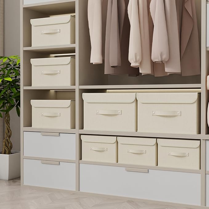Fabric Storage Bins Cube Organizers with Flip-Top Lid and Handles,Storage Boxes for Organizing Home,Office,and Closet,Beige,3 Pack 13X9.1X7.9 in