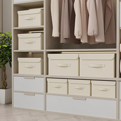 Fabric Storage Bins Cube Organizers with Flip-Top Lid and Handles,Storage Boxes for Organizing Home,Office,and Closet,Beige,3 Pack 10.2 X 7.9 X 6.7 in