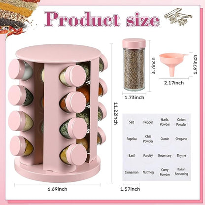Yungyan Pink Rotating Spice Rack Seasoning Organizer with 16 Empty Jars, Spice Containers Set with Labels and Funnel, Revolving Seasoning Rack for Kitchen Accessories (Stainless Steel,Glass)
