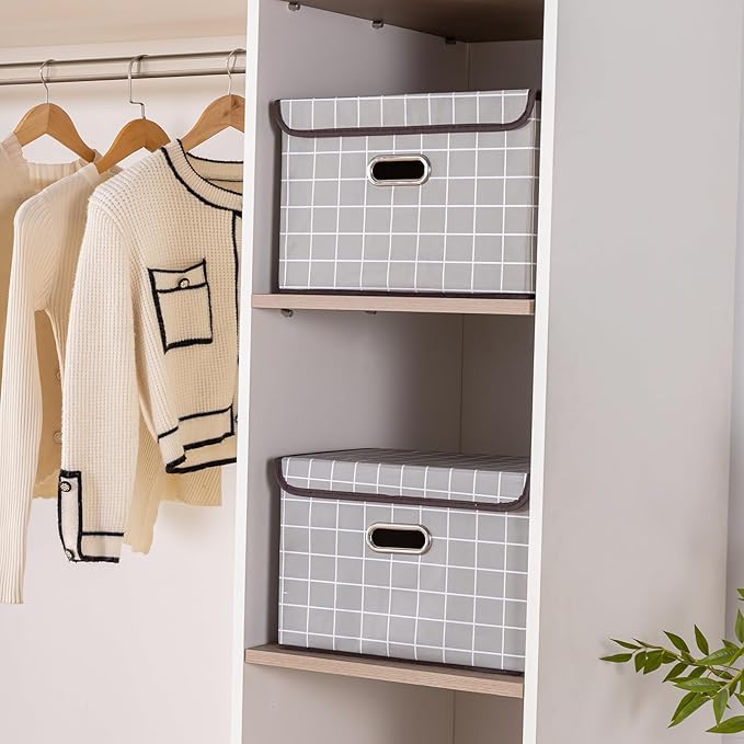 STOREONE Fabric Storage Cube Bins Foldable Organizer Container Collapsible Basket with Lids and Metal Handles, for Home, Bedroom, Closet 3 Pcs (Grey grid)