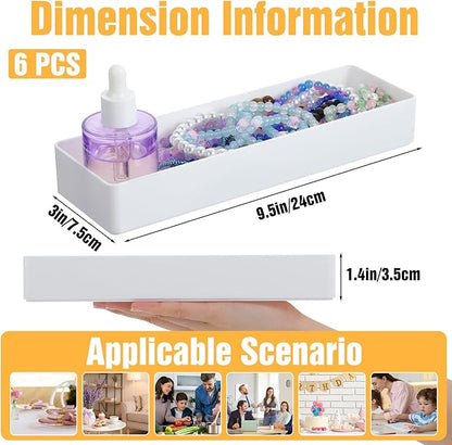 6 Packs White Plastic Drawer Organizer White Tabletop Organizer Tray 9.5 x 3 x 1.4 Inches Stackable Storage Tray for Cosmetic Vanity Home Utensils Office Shelf Kitchen