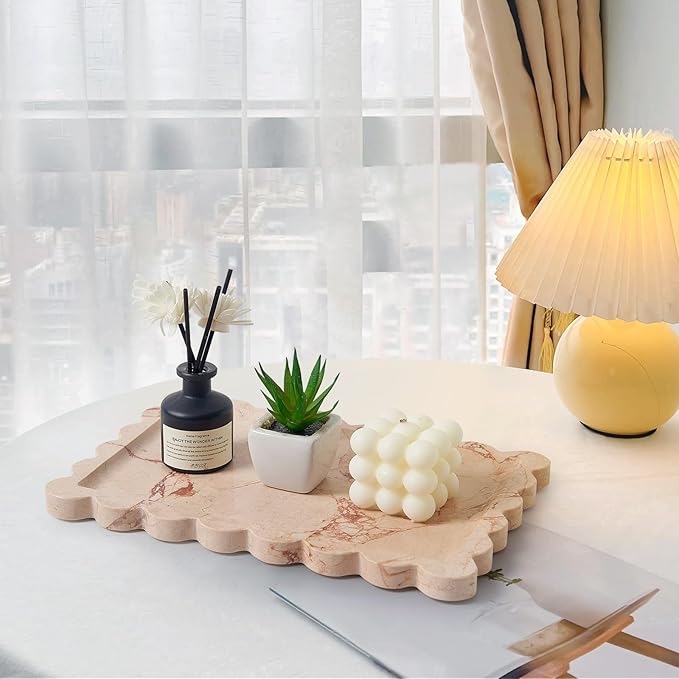 Real Natural Scalloped Marble Tray for Bathroom, Vanity, Kitchen and Desktop, Decorative Stone Tray for Jewelry, Cosmetics, Candles, Lotion, Perfume and Home Décor (Pink, 12" x 8")