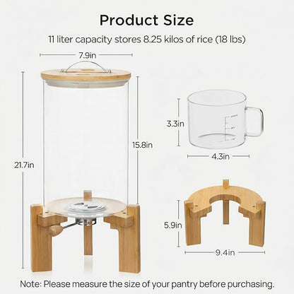 HBlife 18-22 Lbs Glass Rice Dispenser with Wooden Stand Flour and Cereal Container with Glass Measuring Cup Pantry Food Organization Storage Bin with Airtight Bamboo Lid, 11L