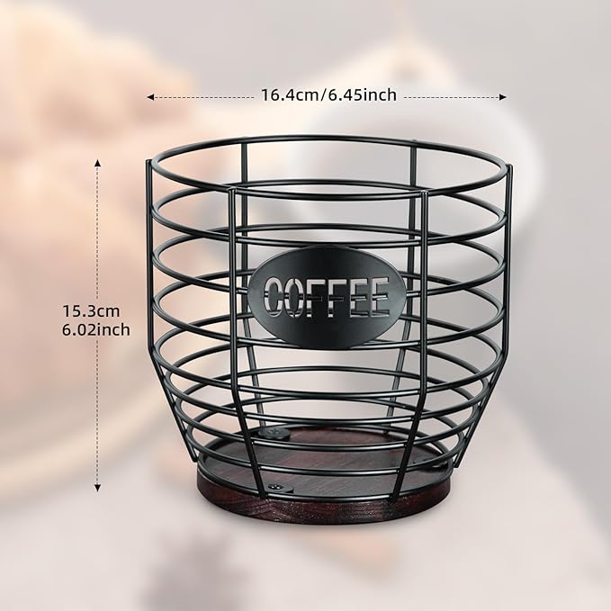 Yangbaga 1pcs Coffee Pod Holder - Large Capacity Black Wire K-Cup Holder With Wooden Base, Modern Basket Bar Decor for Station,Coffee Pods & Capsules, Fruit Snack Storage