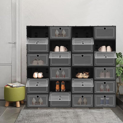 24Pcs Stackable Shoe Storage Boxes with Clear Doors - Foldable Shoe Organizer for Closet Cabinet, Black/White/Green Options for Sneakers Boots Home Organization (Black)