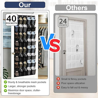 Over the Door Shoe Organizer - 40 Large Breathable Mesh Pockets, Space Saving Hanging Shoe Organizer with Metal Hooks, Hanging Shoe Rack for Men's and Women's Shoes (Black)