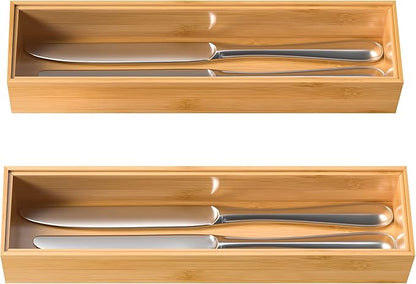 VeyFey Silverware Tray for Drawer, Stackable Kitchen Bamboo Drawer Organizer 12" x 3" x 2" Set of 2