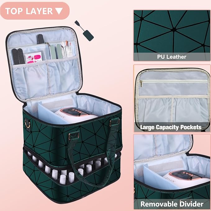 FCQQYWZ Large Nail Polish Organizer Case Hold 84+ Bottles Nail Polish & Nail Lamp, 3 Layers Nail Organizers and Storage for Nail Tech with Divider, Travel Carrying Case(Green)