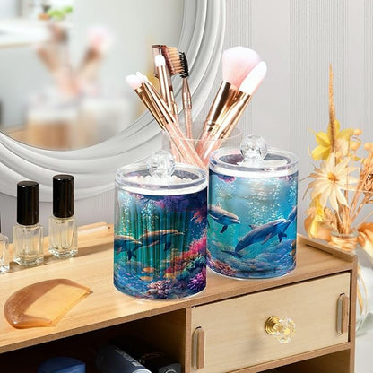 2 Pack Qtip Holder Dispenser Ocean Dolphins 10 Oz Bathroom Organizer with Lids Storage Canister for Cotton Ball,Cotton Swab,Cotton Round Pads,Floss