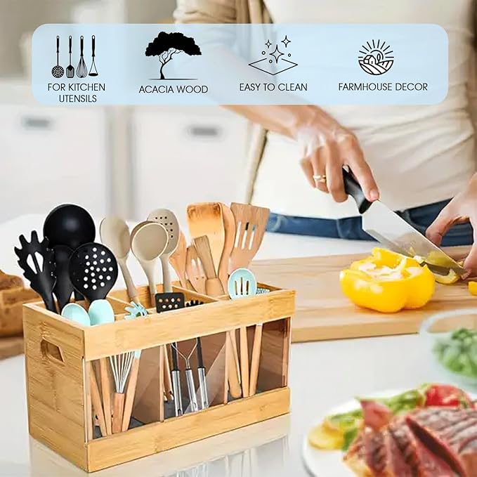 2 in 1 Kitchen Utensil Holder with Over Sink Dish Drying Rack, Bamboo Utensil Holder for Kitchen Countertop – Large Cooking Utensil Organizer & Silverware Caddy with 6 Compartments with Drying Stone