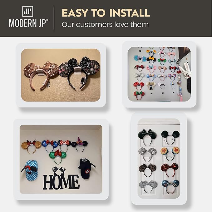 Modern JP Adhesive Hooks for Disney Ears (8-Pack) - Minimalist Disney Ear Holder, No Drilling Headband Holder Design, Strong Hold Headband Organizer - USA Patented, Gray