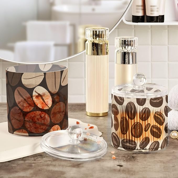 2 Pack Qtip Dispenser Apothecary Jars with Lids Cotton Round Holder Bathroom Canisters for Cotton Swab Floss Ball Pads Clear Plastic Decorative Brown and Beige Coffee Beans