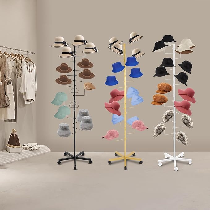 Hat Rack with 16 Circular Hooks, Metal Hat Display Stand, Freestanding Rotating Hat Stand, Adjustable Large Hats Display Rack, Modern Floor Wig Rack for Home Retail Store (Black)