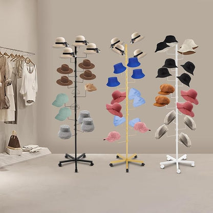 Hat Rack with 16 Circular Hooks, Metal Hat Display Stand, Freestanding Rotating Hat Stand, Adjustable Large Hats Display Rack, Modern Floor Wig Rack for Home Retail Store (Black)