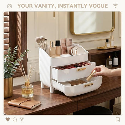 novelinks 3-Tier Skincare Makeup Organizer with Drawers, Large Capacity Vanity Storage Box, Desktop Cosmetic Organizer for Bathroom, Dresser & Vanity Countertop, White