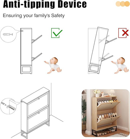 AVZEAR Narrow Shoe Storage Cabinet for Entryway with Natural Linen Panel, Freestanding Slim Shoe Cabinet with 2 Flip Drawers, Wood Shoe Organizer Closed Shoe Rack for Hallway, Living Room(Natural)