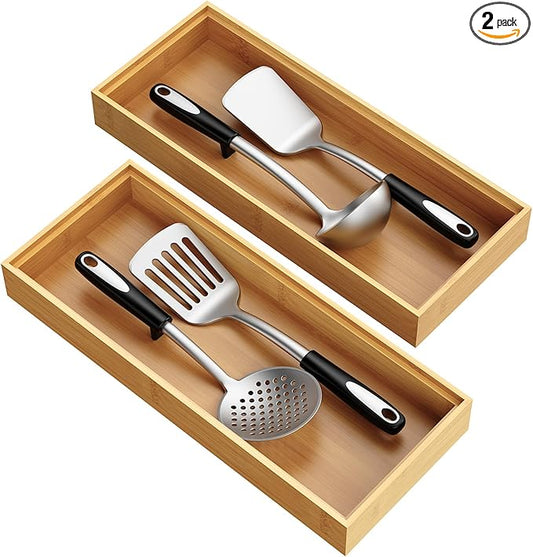Bamboo Drawer Organizer, Stackable Utensil Trays for Kitchen, Wood Silverware Organizer for Drawer, Set of 2-15"x6"x2"