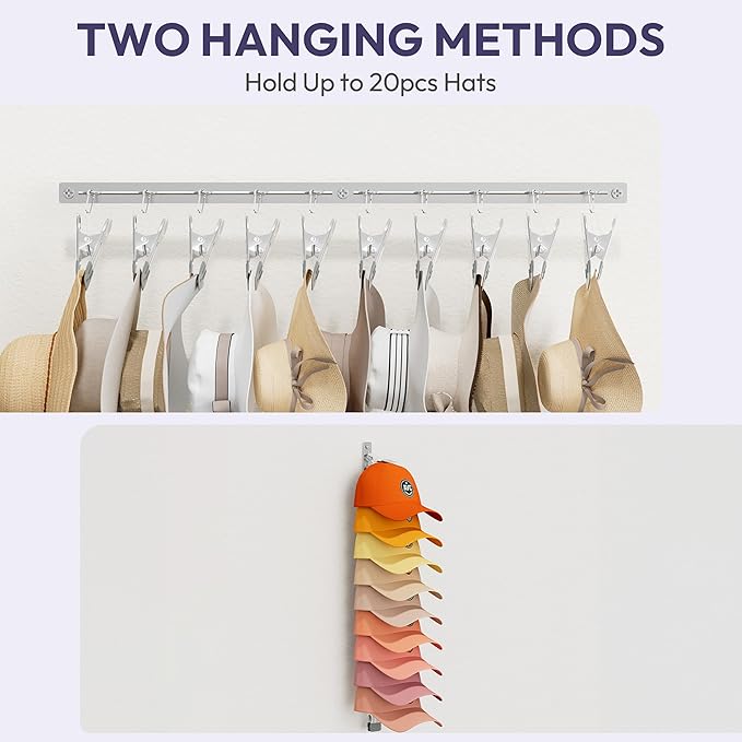 SWTYMIKI Hat Organizer for Baseball Caps - 2 Pack Hat Rack for Wall with Strong Adhesive and 10 Clips, Storage Display Holds up to 20 Caps for Bedroom, Closet, Two Mounting Option（Silver）