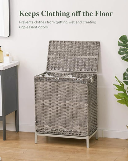 SETVSON Laundry Hamper with Lid, 112 L Handwoven Rattan Wicker Laundry Basket, 2 Removable Liner Bags Metal Heightened Feet, 6 Mesh Bags, 2 Section Large Clothes Hamper for Bathroom Bedroom, Gray