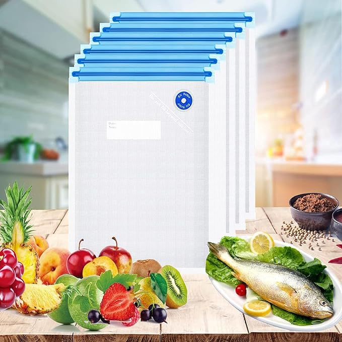 Sous Vide Bags 31 Pcs (24 Pcs Vacuum Zipper Bags & 2 Seal Clips & 5 Air Valves),Reusable BPA Free Vacuum Sealer Bags Vacuum Food Storage Bags for Cooking/Food Storage/Microwave Heating