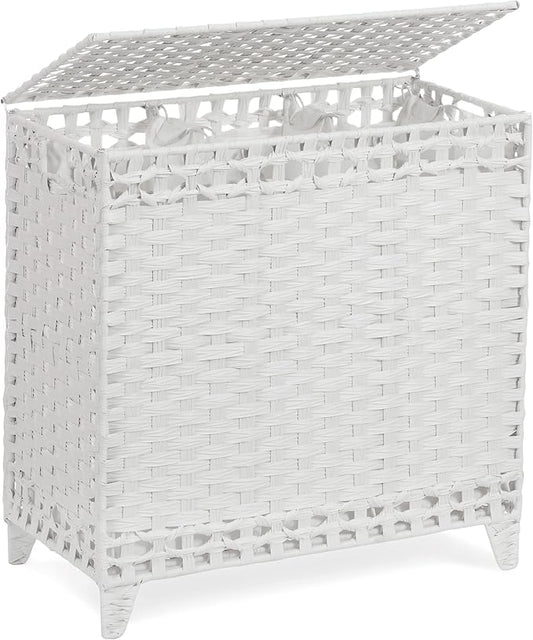 Laundry Hamper with 3 Removable Liner Bags; 132L Handwoven Rattan Laundry Basket with Lid & Heightened Feet; Clothes Hamper with Side Handles; Laundry Sorter with 3 Separate Sections