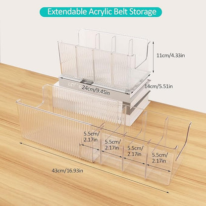Clear Belt Organizer, Extendable Acrylic Belt Storage Holder with Adjustable Dividers, Belts Storage Container for Drawer and Closet Organization